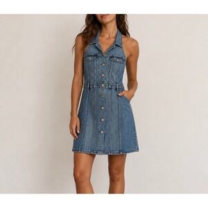 GAP Denim Halter Dress Button Front Blue Jean Size 8 Collared Jumper